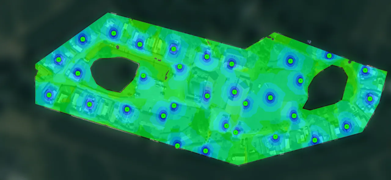 Carte de couverture wifi d'un camping de deux hectares : une trentaine de bornes, signal fort sur tout le terrain