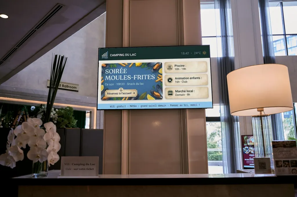 Écran d'information au-dessus d'un comptoir d'accueil, affichant le programme du camping : soirée moules-frites, horaires de la piscine, animations